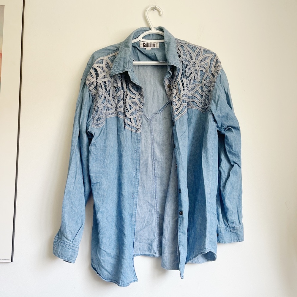 Vintage Woman's Denim Lace Button-up Shirt - Size Medium